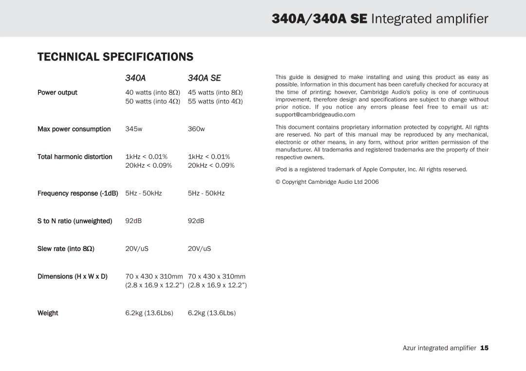 Cambridge Audio user manual Technical Specifications, 340A 340A SE 