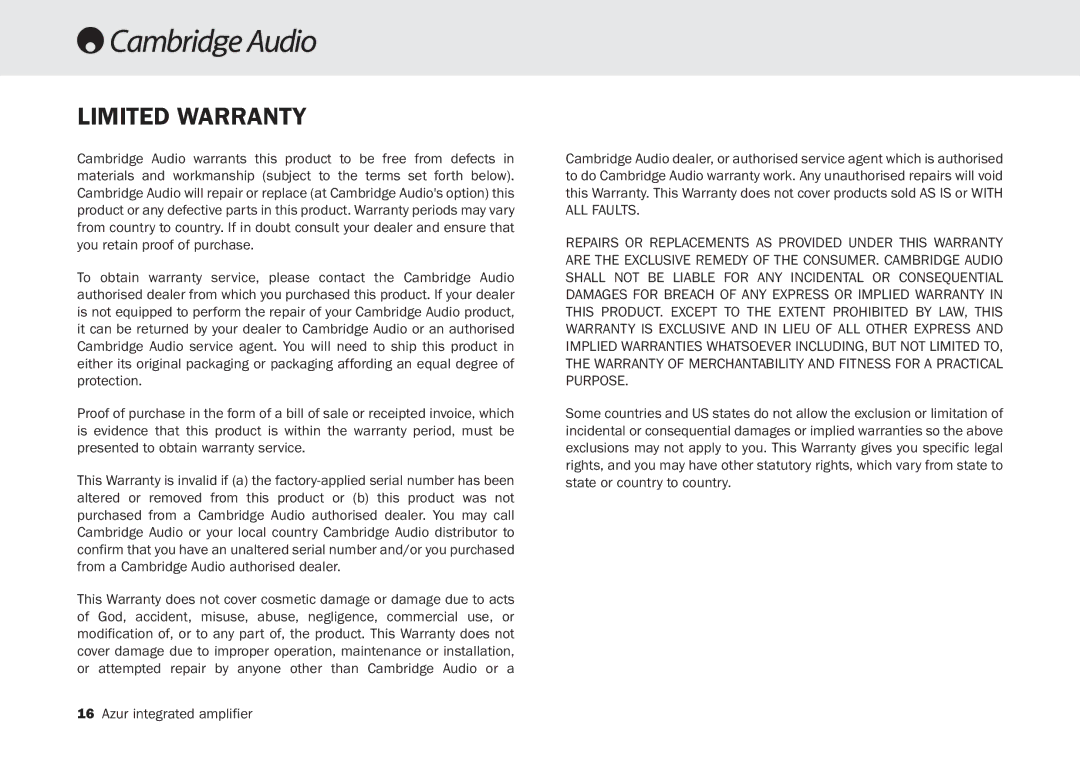 Cambridge Audio 340A SE user manual Limited Warranty 