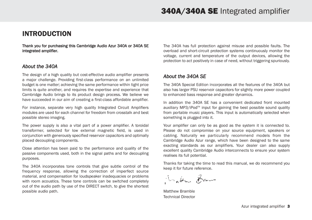 Cambridge Audio user manual 340A/340A SE Integrated amplifier, Introduction 