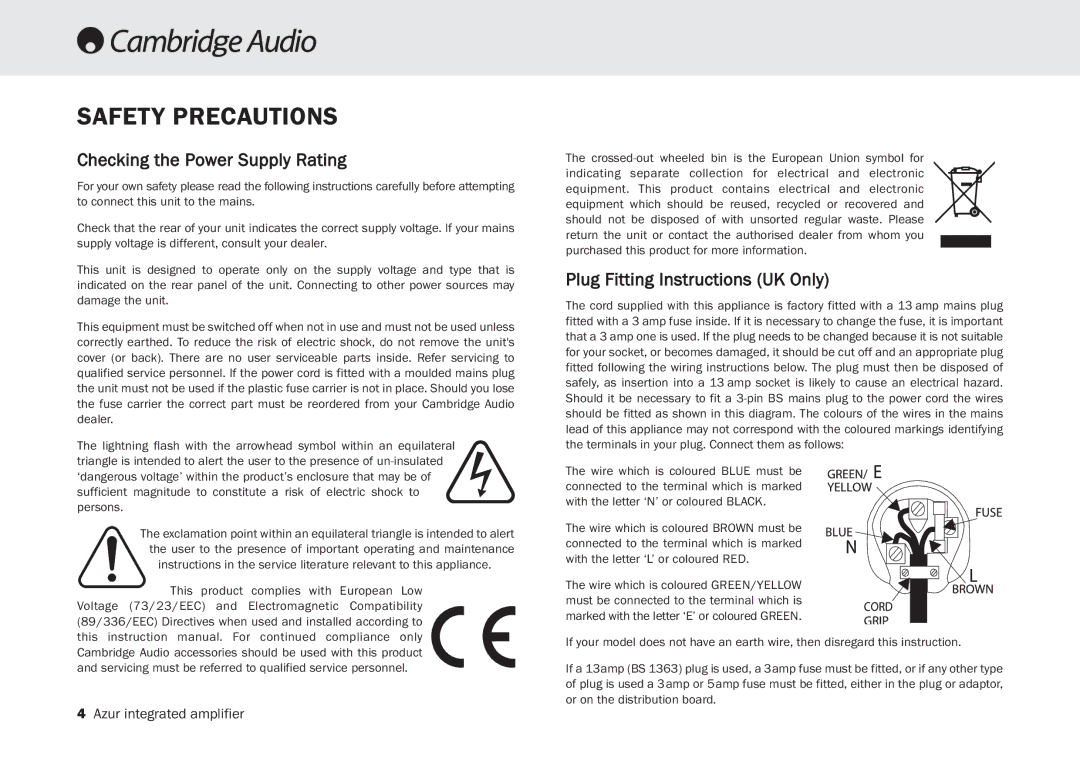 Cambridge Audio 340A SE user manual Safety Precautions, Checking the Power Supply Rating, Plug Fitting Instructions UK Only 