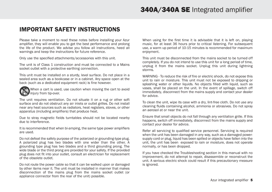 Cambridge Audio 340A SE user manual Important Safety Instructions 