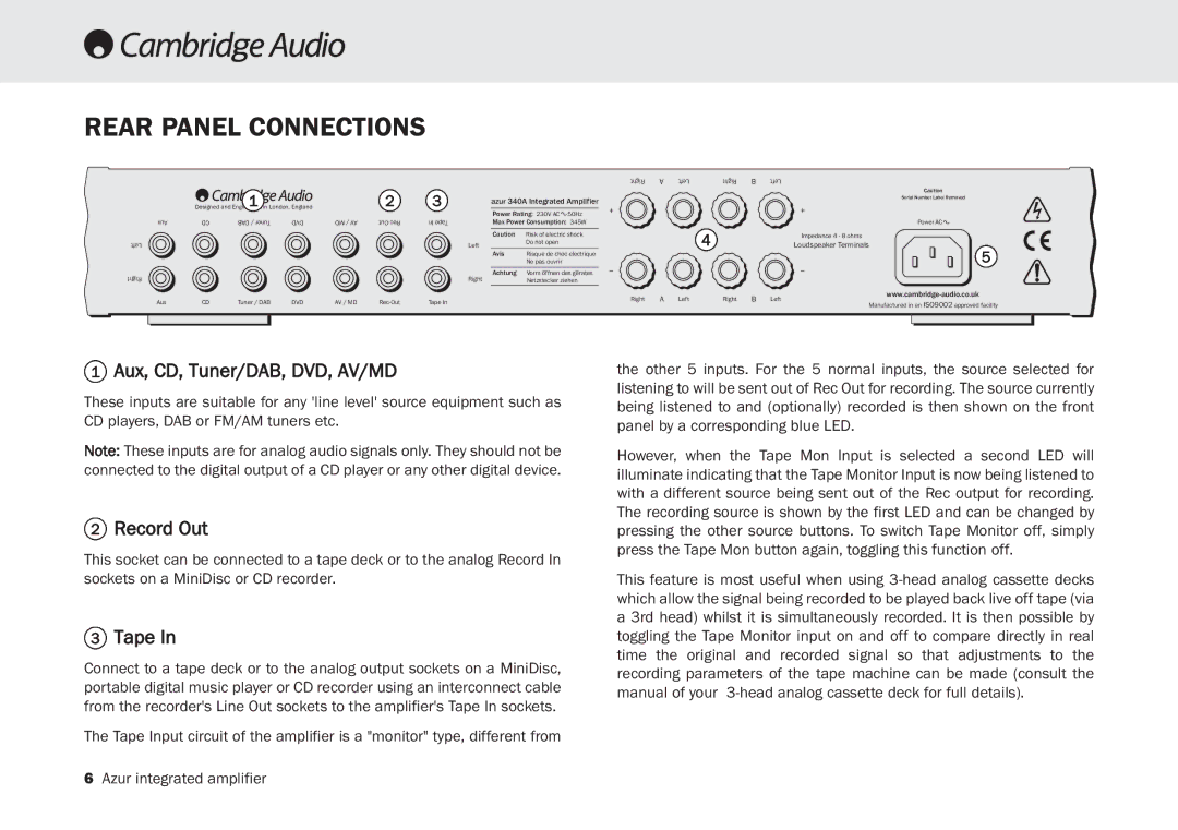 Cambridge Audio 340A SE user manual Rear Panel Connections, Aux, CD, Tuner/DAB, DVD, AV/MD, Record Out, Tape 