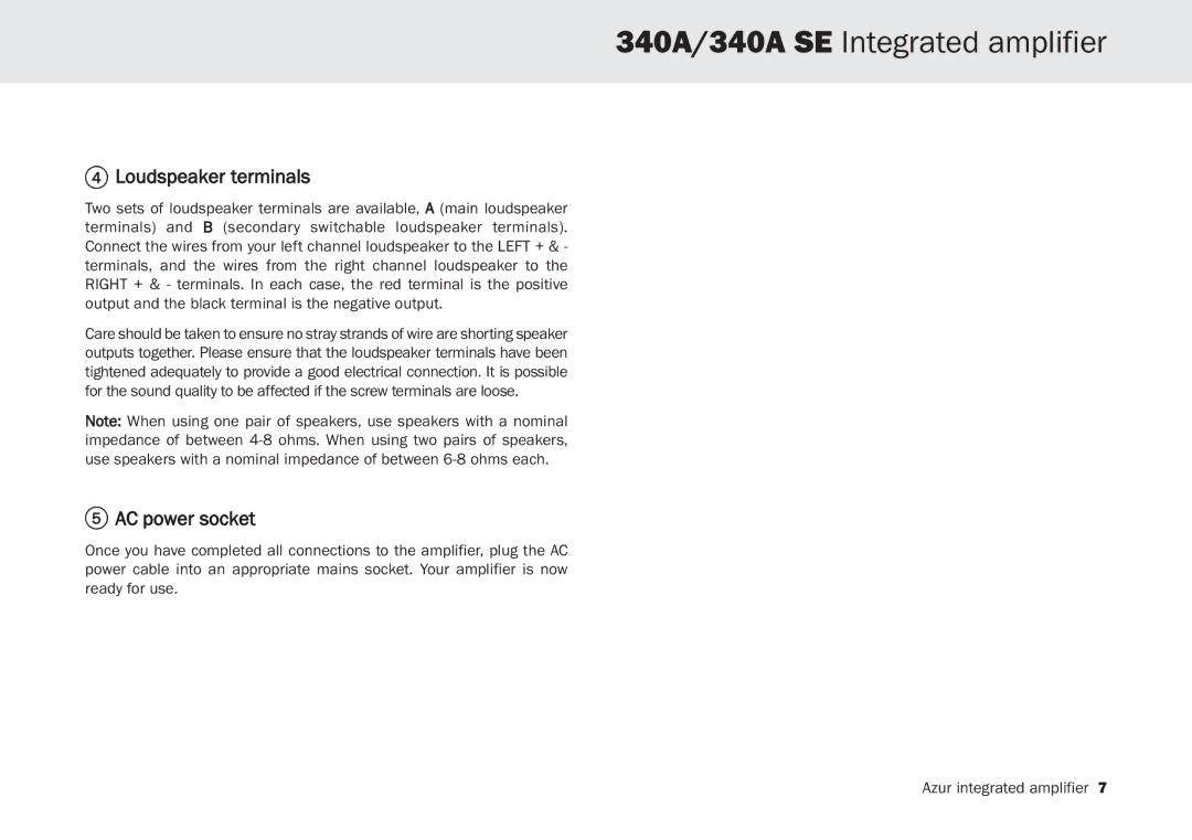 Cambridge Audio 340A SE user manual Loudspeaker terminals, AC power socket 