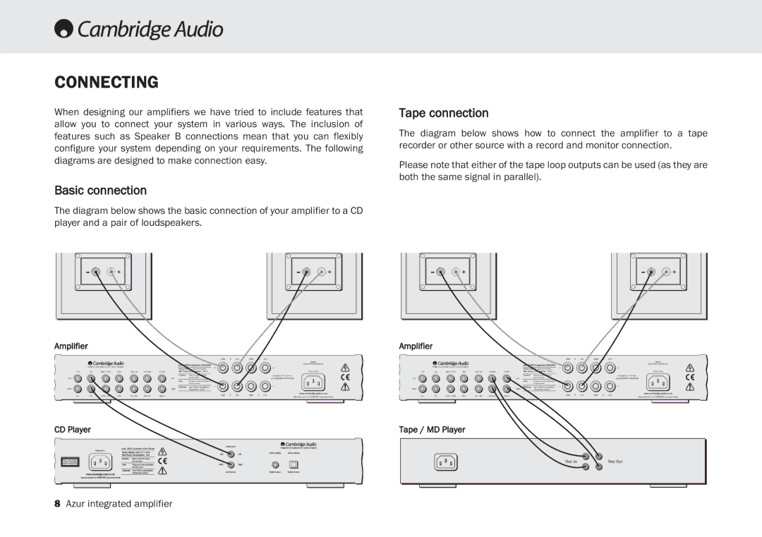 Cambridge Audio 340A SE user manual Connecting, Tape connection, Basic connection 