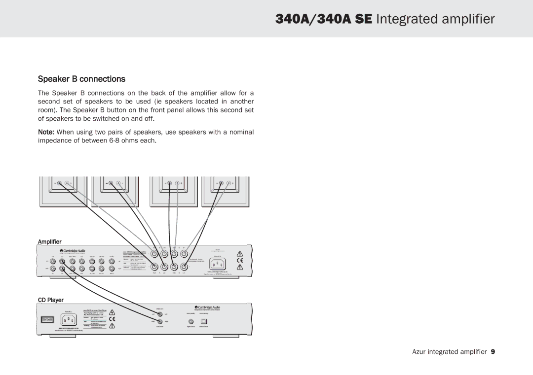 Cambridge Audio 340A SE user manual Speaker B connections, Azur 340A Integrated Amplifier 