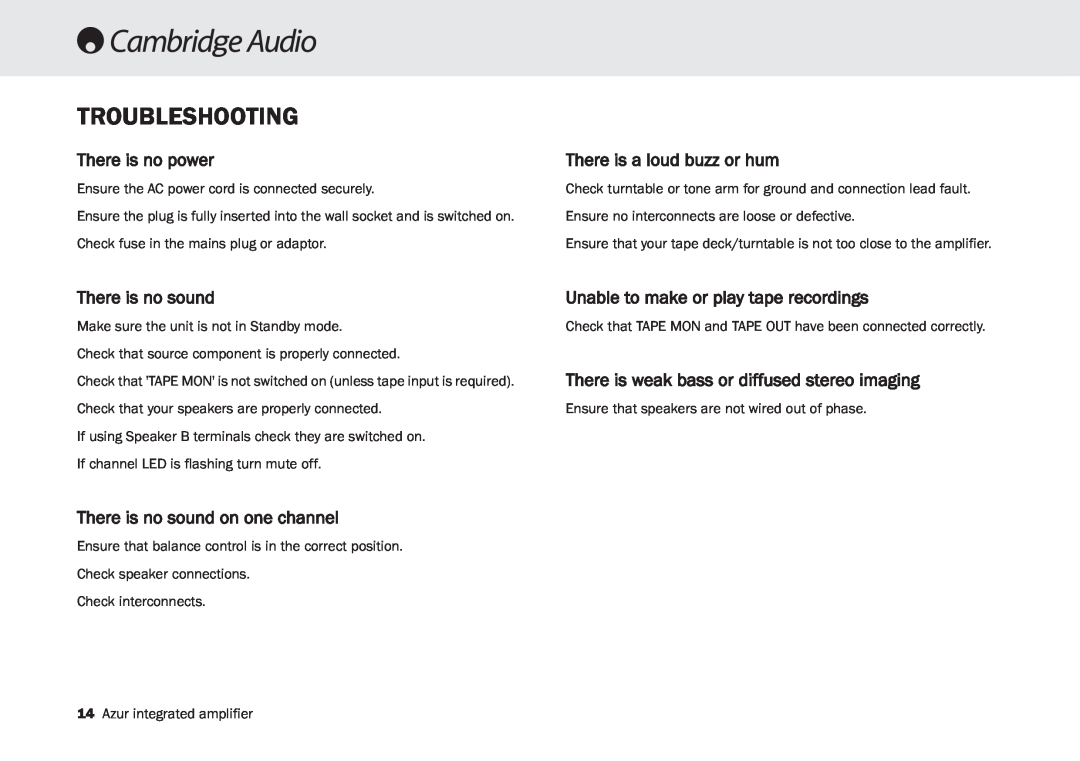 Cambridge Audio 340A SE user manual Troubleshooting, There is no power, There is a loud buzz or hum, There is no sound 