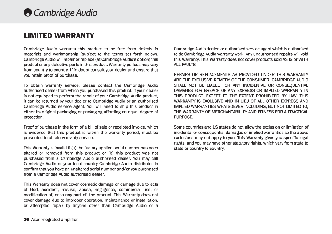 Cambridge Audio 340A SE user manual Limited Warranty 