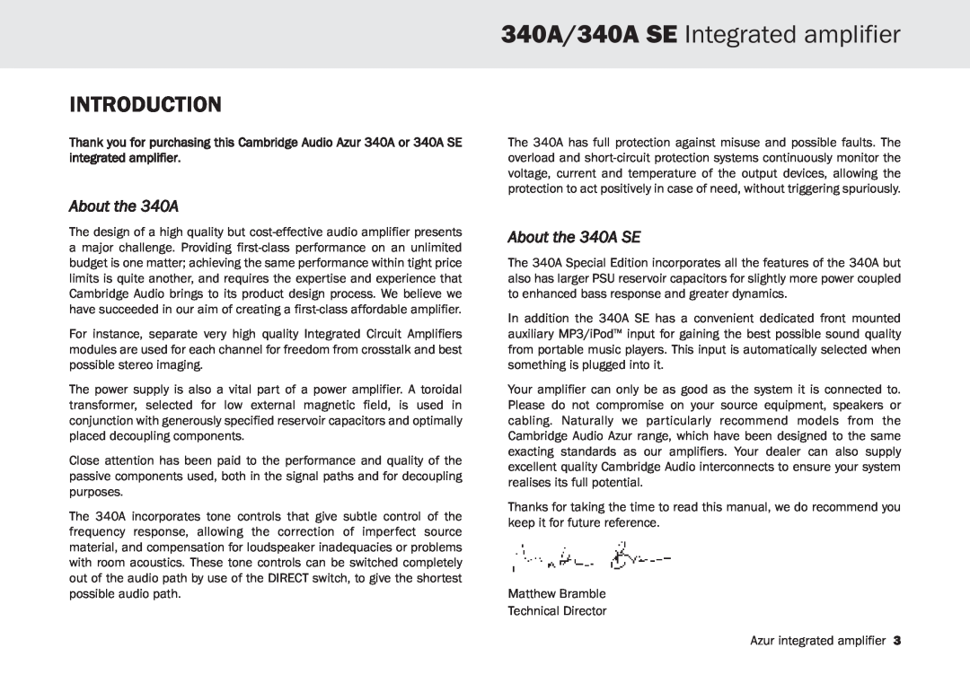Cambridge Audio user manual 340A/340A SE Integrated amplifier, Introduction, About the 340A SE 