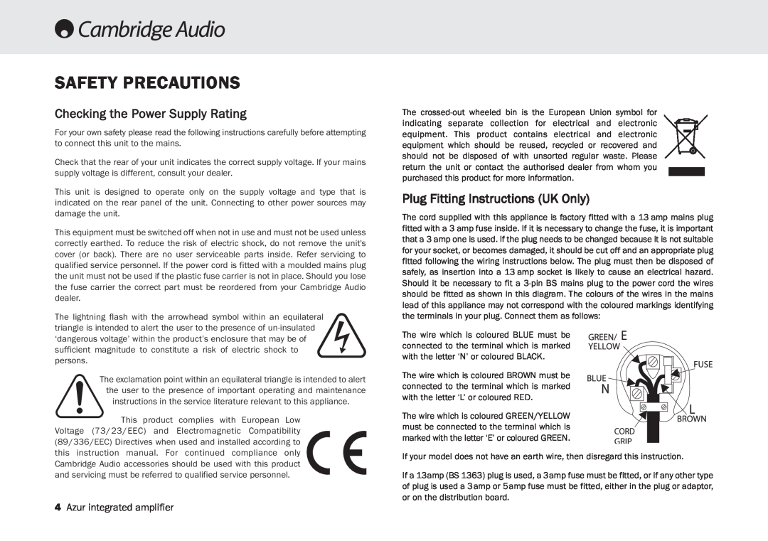 Cambridge Audio 340A SE user manual Safety Precautions, Checking the Power Supply Rating, Plug Fitting Instructions UK Only 