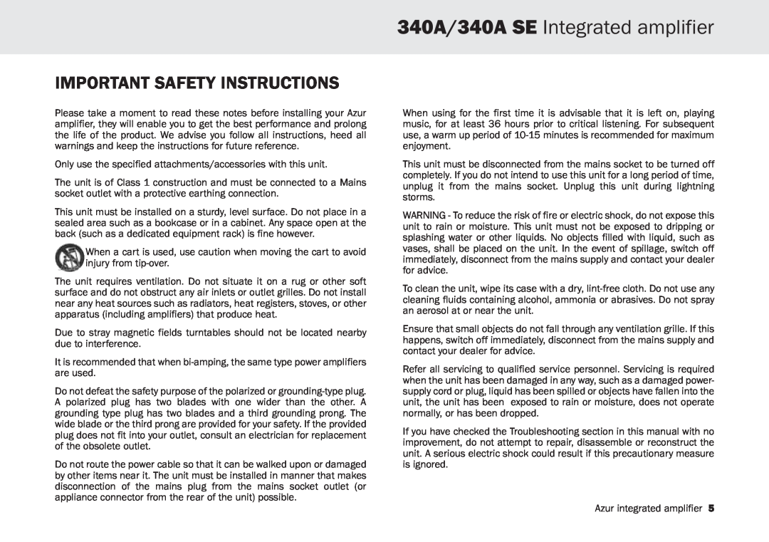Cambridge Audio user manual Important Safety Instructions, 340A/340A SE Integrated amplifier 