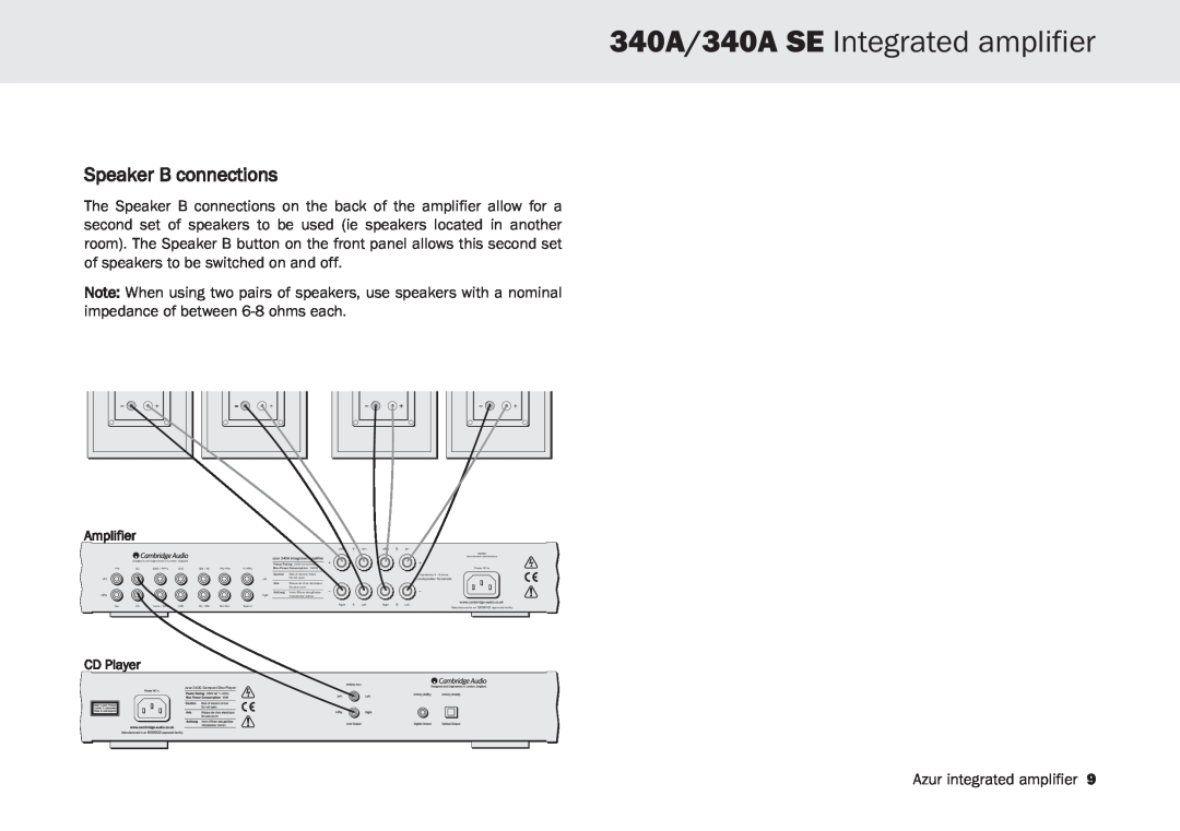 Cambridge Audio user manual Speaker B connections, 340A/340A SE Integrated amplifier 