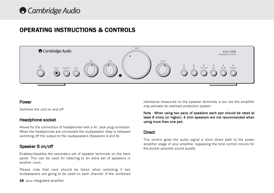 Cambridge Audio 340A user manual Operating Instructions & Controls, Power, Headphone socket, Speaker B on/off, Direct 