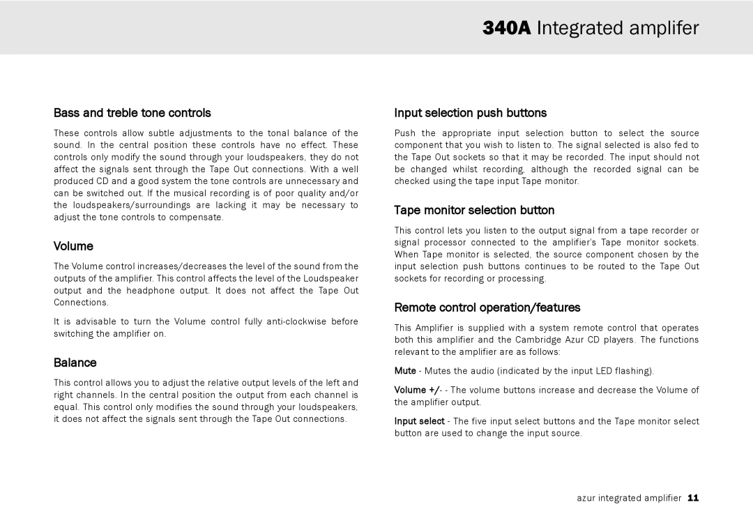 Cambridge Audio 340A user manual Bass and treble tone controls, Volume, Balance, Input selection push buttons 