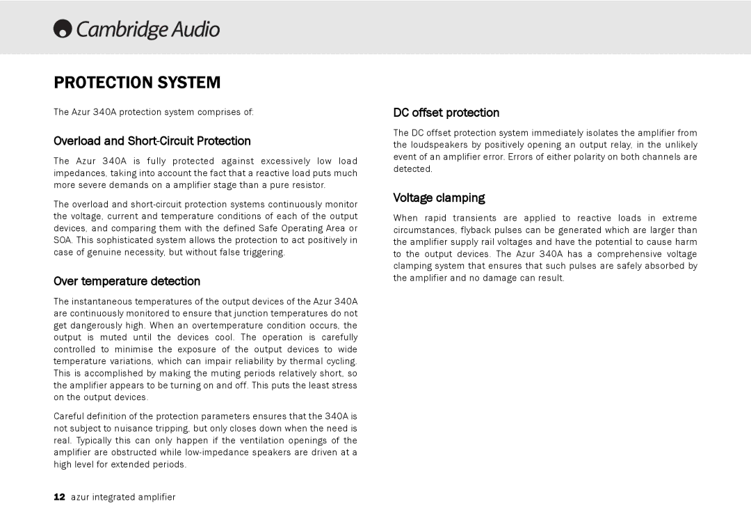 Cambridge Audio 340A user manual Protection System, Overload and Short-Circuit Protection, Over temperature detection 