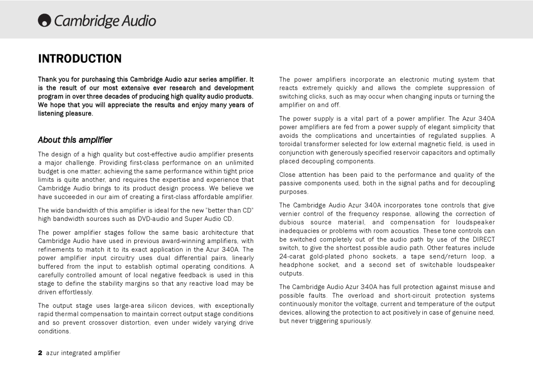 Cambridge Audio 340A user manual Introduction, About this amplifier 