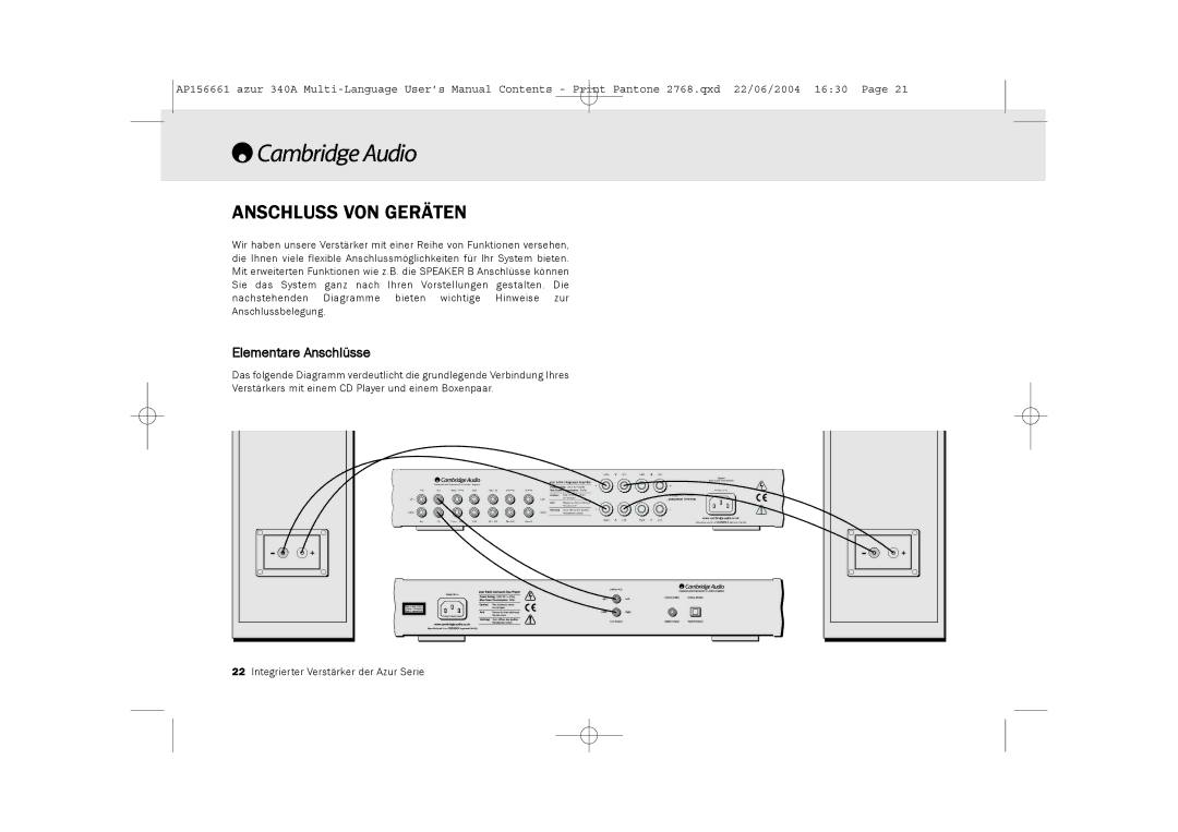 Cambridge Audio 340A user manual Anschluss VON Geräten, Elementare Anschlüsse 