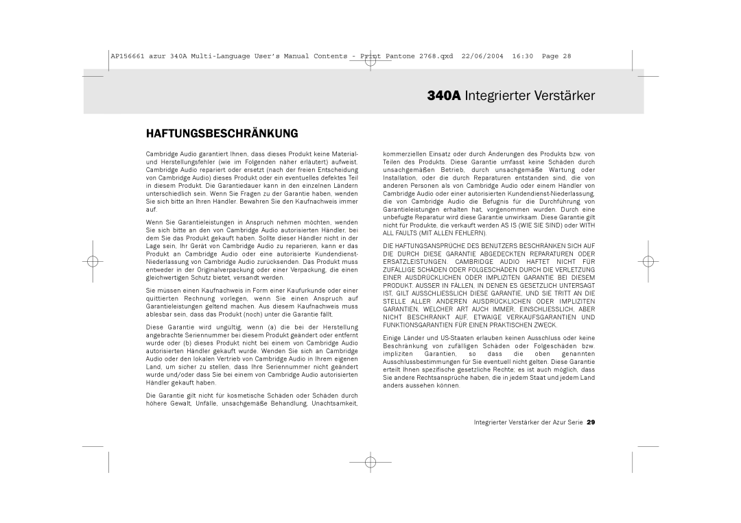 Cambridge Audio 340A user manual Haftungsbeschränkung 