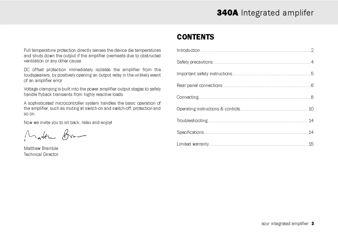 Cambridge Audio user manual 340A Integrated amplifer, Contents 