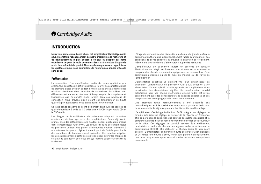 Cambridge Audio 340A user manual Introduction, Présentation 