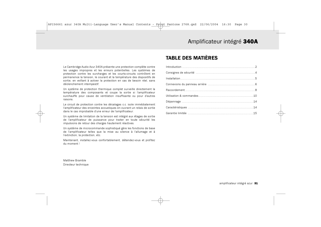 Cambridge Audio user manual Amplificateur intégré 340A, Table DES Matières 