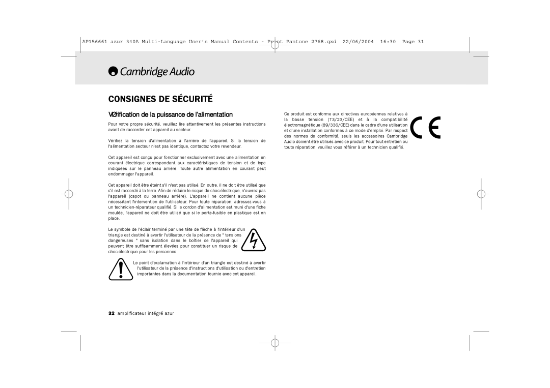 Cambridge Audio 340A user manual Consignes DE Sécurité, Vérification de la puissance de lalimentation 