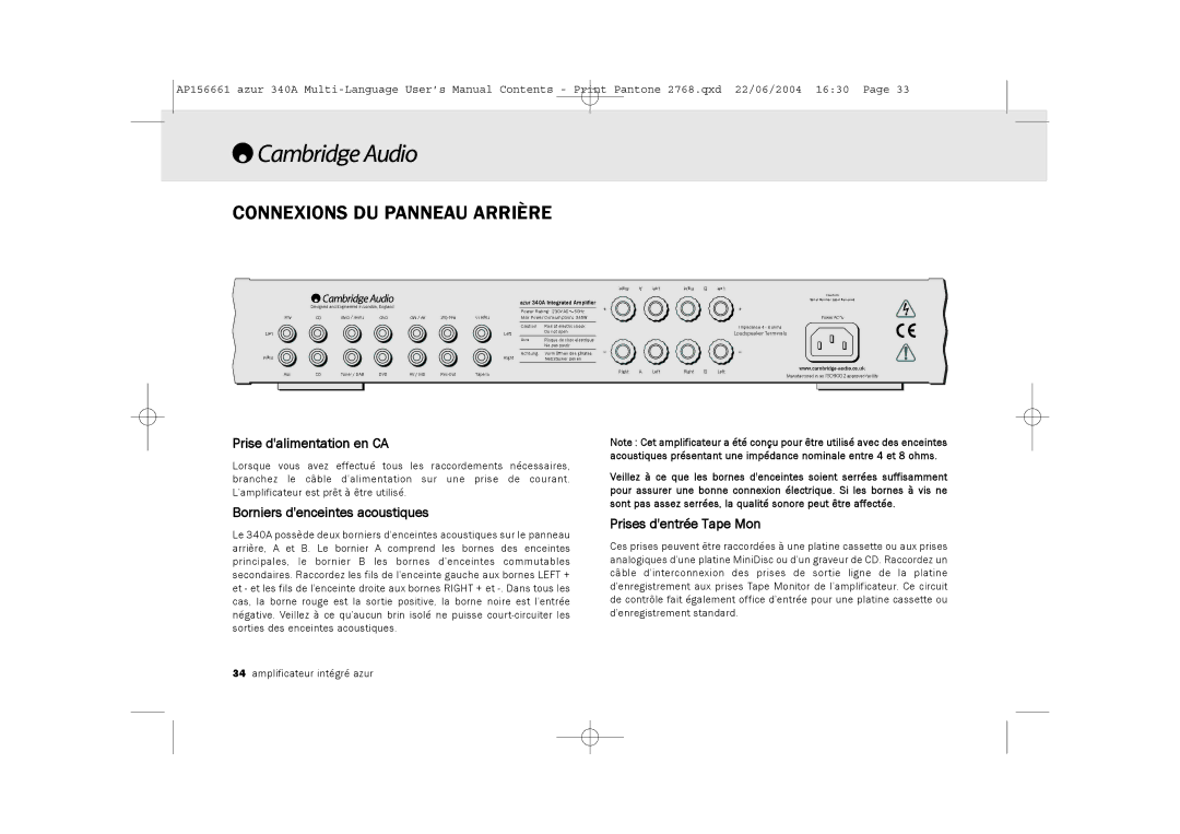 Cambridge Audio 340A user manual Connexions DU Panneau Arrière, Prise dalimentation en CA, Borniers denceintes acoustiques 