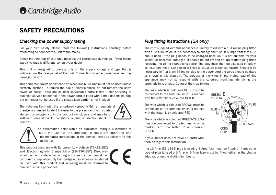 Cambridge Audio 340A user manual Safety Precautions, Checking the power supply rating, Plug fitting instructions UK only 