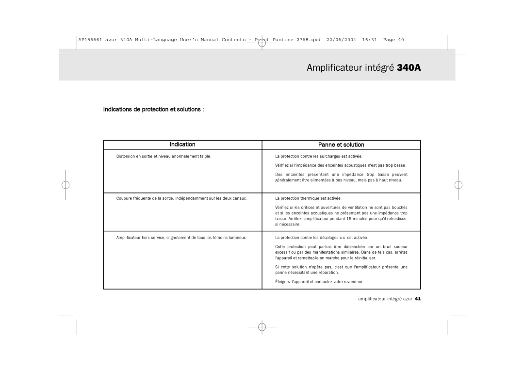 Cambridge Audio 340A user manual Indications de protection et solutions Panne et solution 