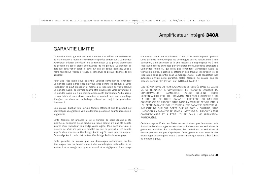 Cambridge Audio 340A user manual Garantie Limitée 