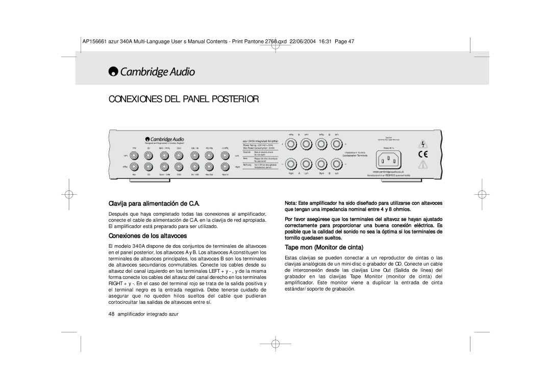 Cambridge Audio 340A Conexiones DEL Panel Posterior, Clavija para alimentación de C.A, Conexiones de los altavoces 