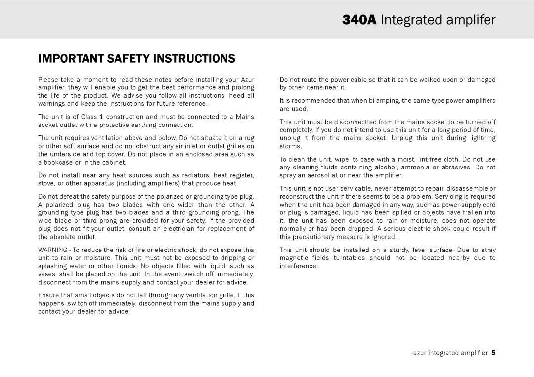 Cambridge Audio 340A user manual Important Safety Instructions 