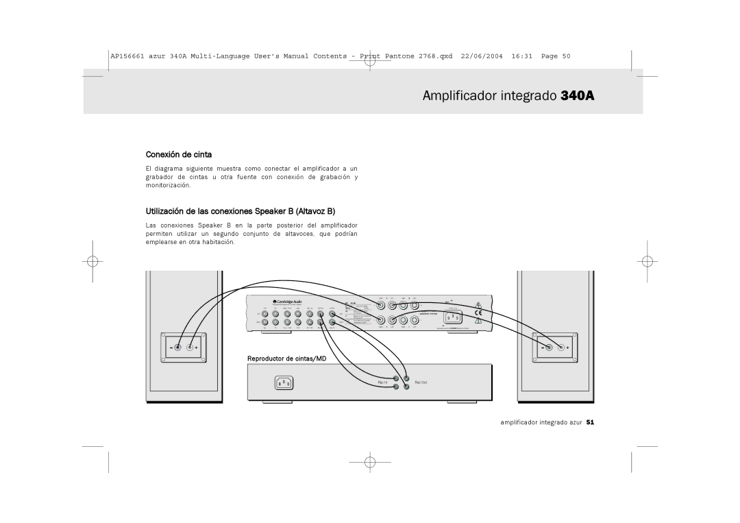 Cambridge Audio 340A user manual Conexión de cinta, Utilización de las conexiones Speaker B Altavoz B 