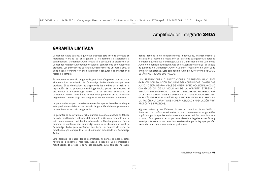 Cambridge Audio 340A user manual Garantía Limitada 