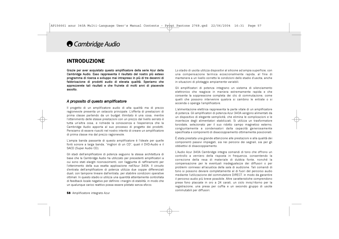 Cambridge Audio 340A user manual Introduzione, Proposito di questo amplificatore 