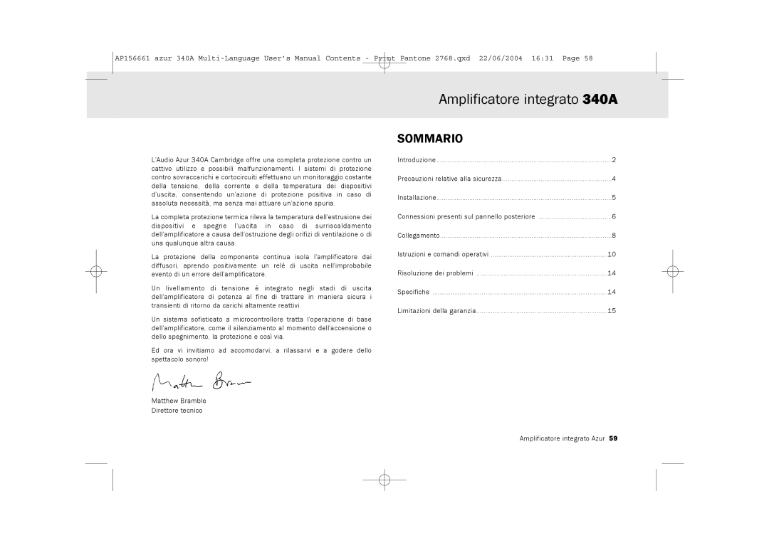 Cambridge Audio user manual Amplificatore integrato 340A, Sommario 