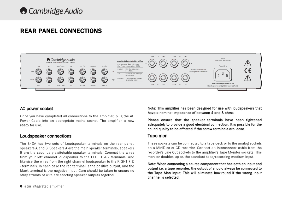 Cambridge Audio 340A user manual Rear Panel Connections, AC power socket, Loudspeaker connections, Tape mon 