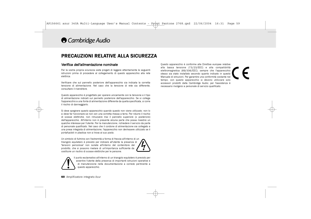 Cambridge Audio 340A user manual Precauzioni Relative Alla Sicurezza, Verifica dellalimentazione nominale 