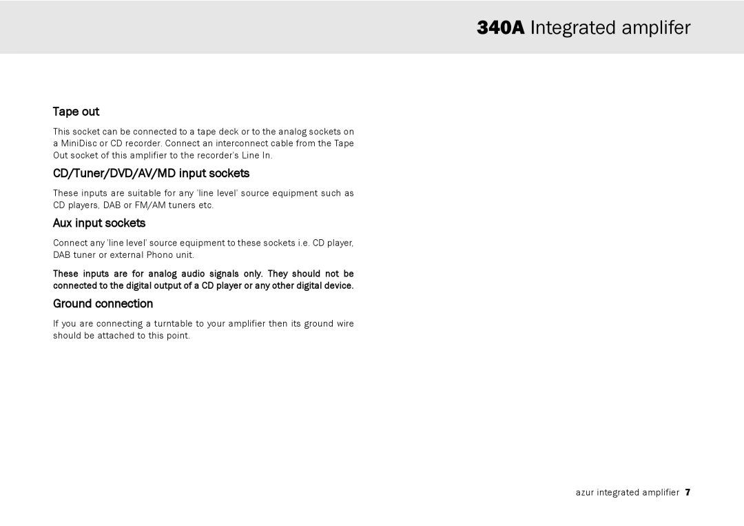 Cambridge Audio 340A user manual Tape out, CD/Tuner/DVD/AV/MD input sockets, Aux input sockets, Ground connection 