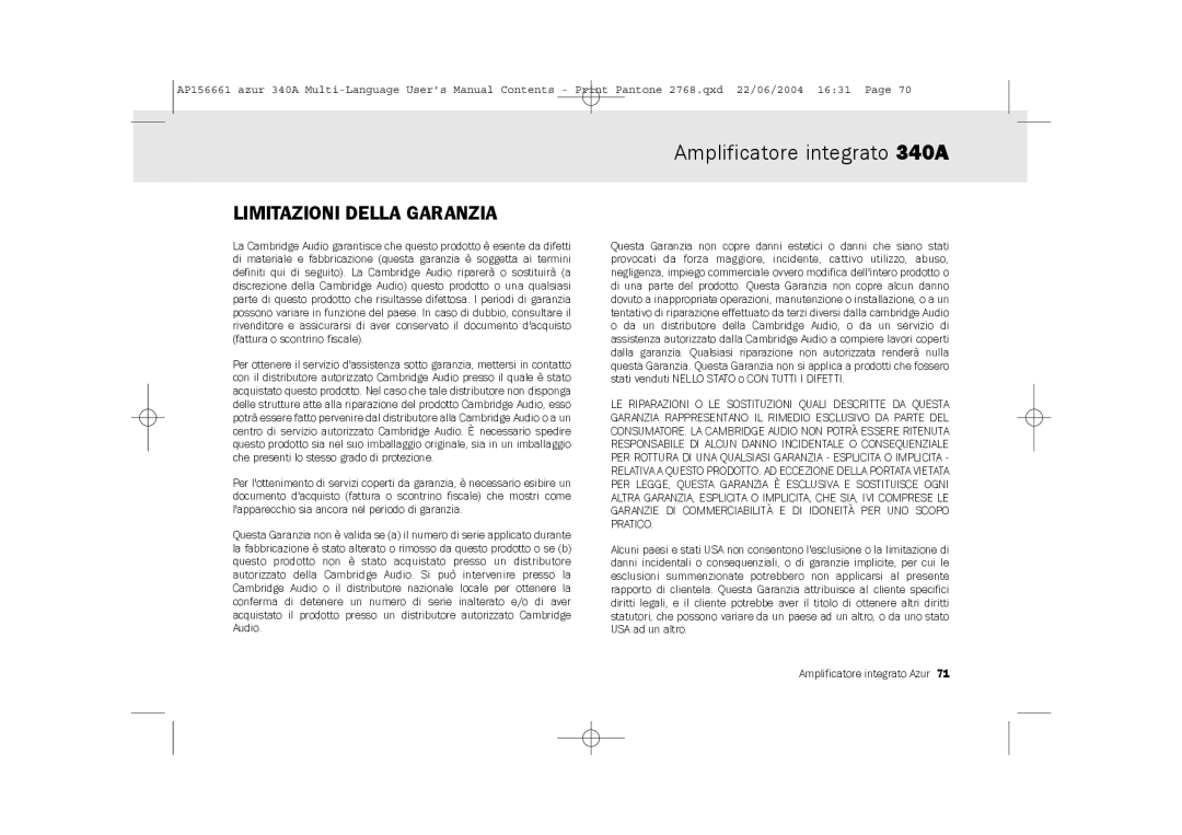 Cambridge Audio 340A user manual Limitazioni Della Garanzia 