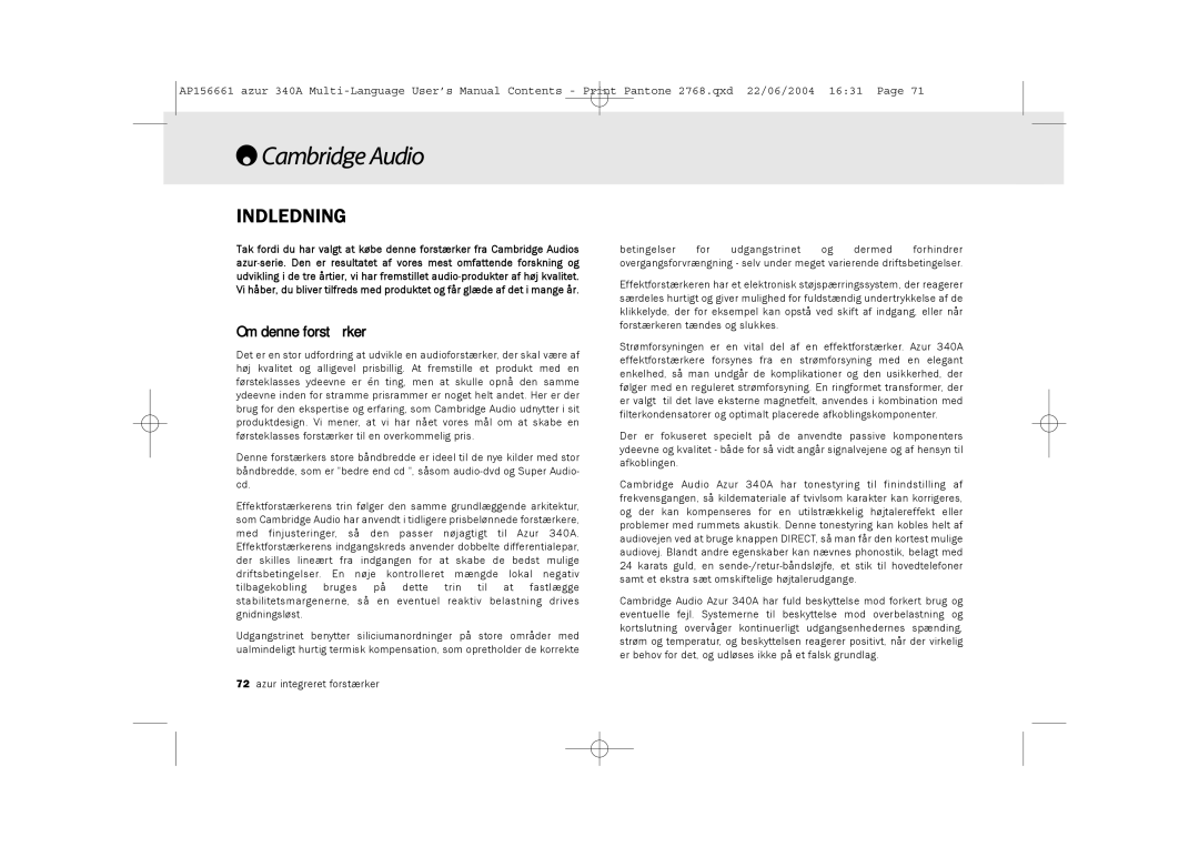 Cambridge Audio 340A user manual Indledning, Om denne forstærker 