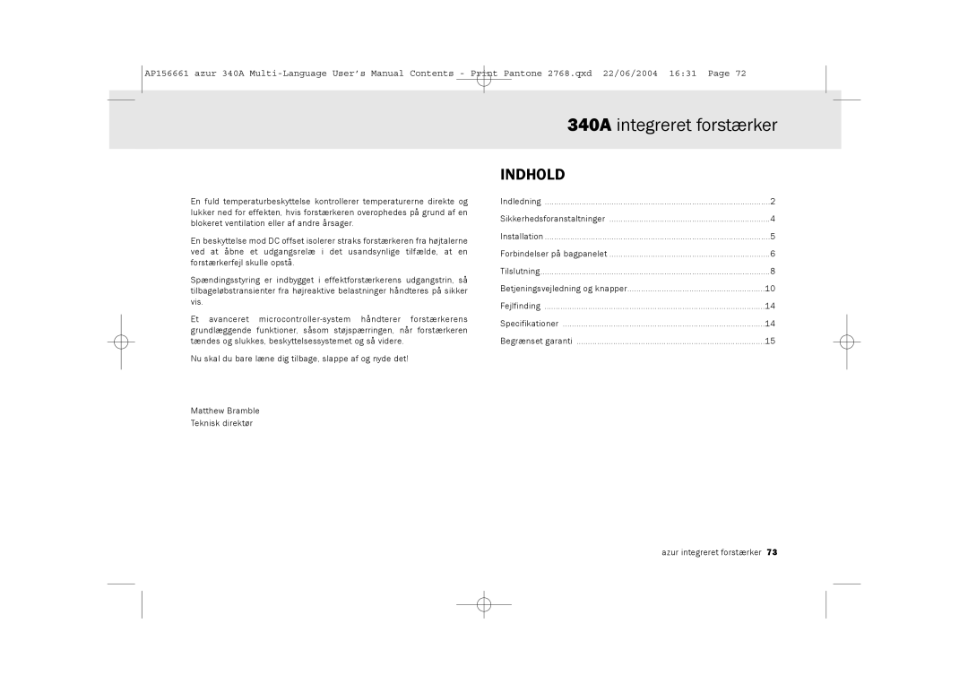 Cambridge Audio user manual 340A integreret forstærker, Indhold 