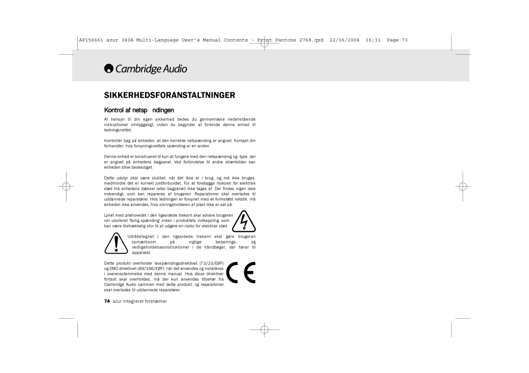 Cambridge Audio 340A user manual Sikkerhedsforanstaltninger, Kontrol af netspændingen 