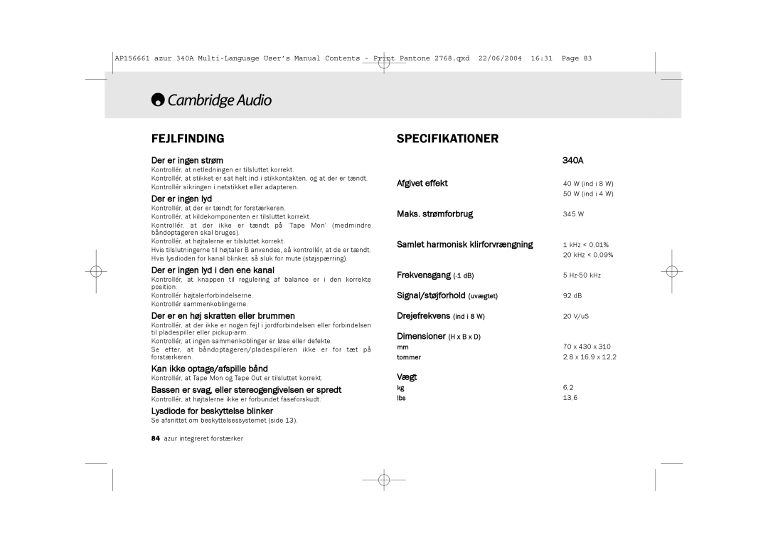 Cambridge Audio 340A user manual Fejlfinding, Specifikationer 