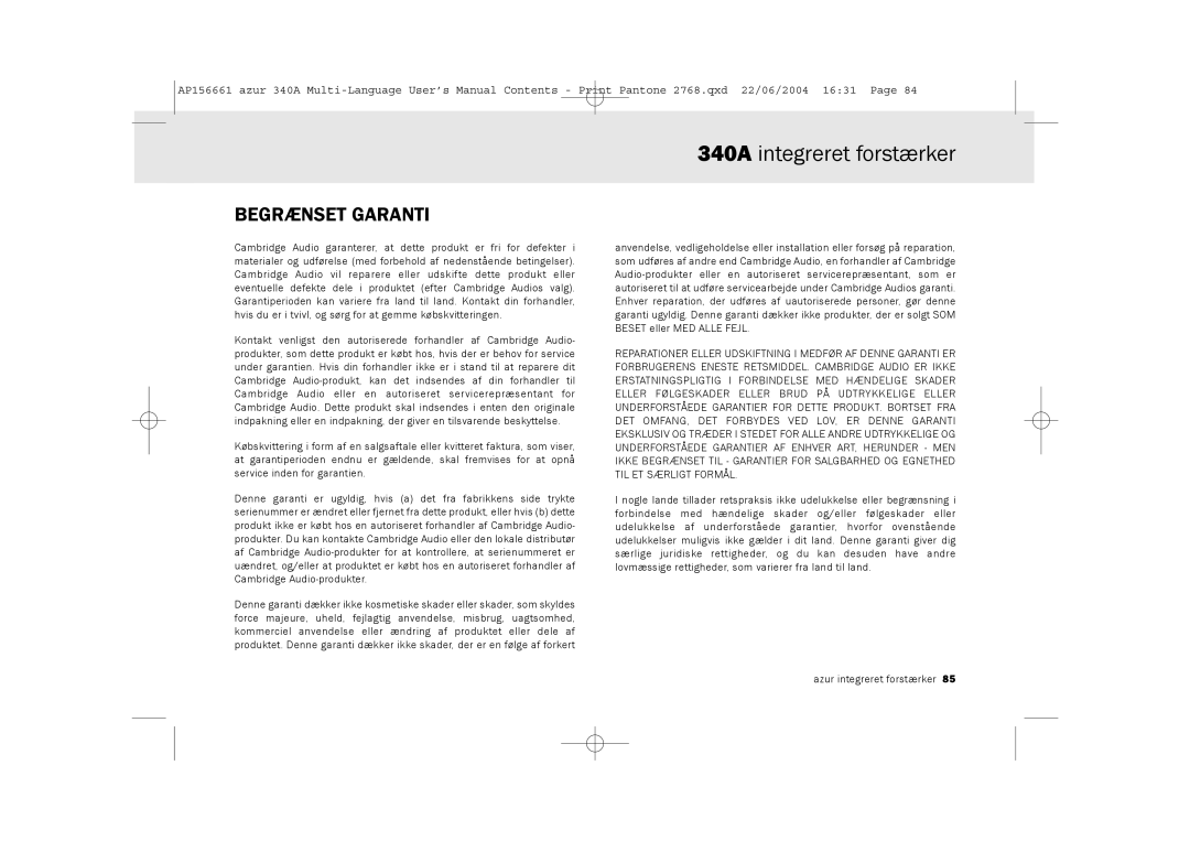 Cambridge Audio 340A user manual Begrænset Garanti 