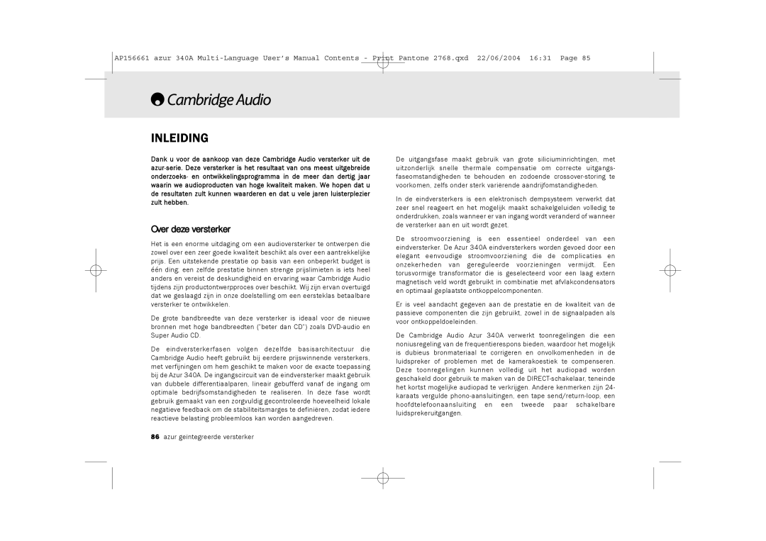 Cambridge Audio 340A user manual Inleiding, Over deze versterker 