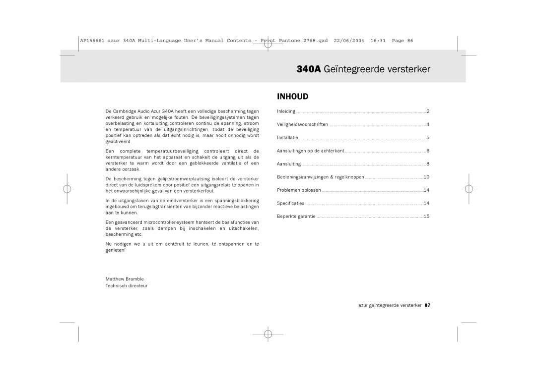 Cambridge Audio user manual 340A Geïntegreerde versterker, Inhoud 