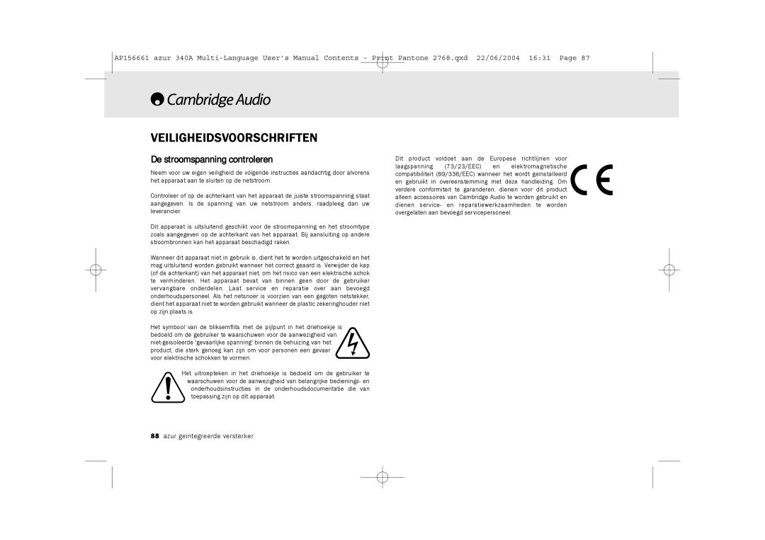 Cambridge Audio 340A user manual Veiligheidsvoorschriften, De stroomspanning controleren 