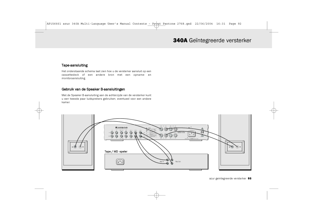 Cambridge Audio 340A user manual Tape-aansluiting, Gebruik van de Speaker B-aansluitingen 