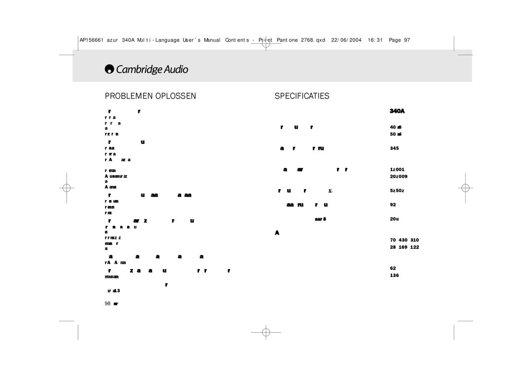 Cambridge Audio 340A user manual Problemen Oplossen, Specificaties 