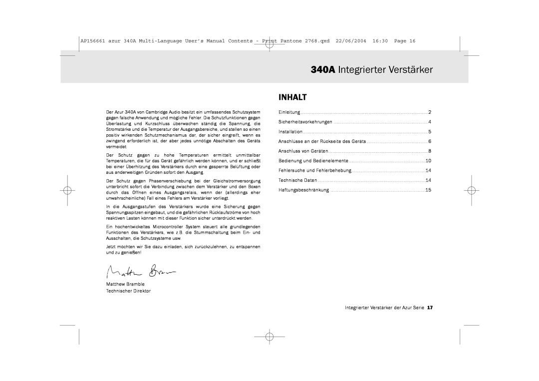 Cambridge Audio user manual 340A Integrierter Verstärker, Inhalt 